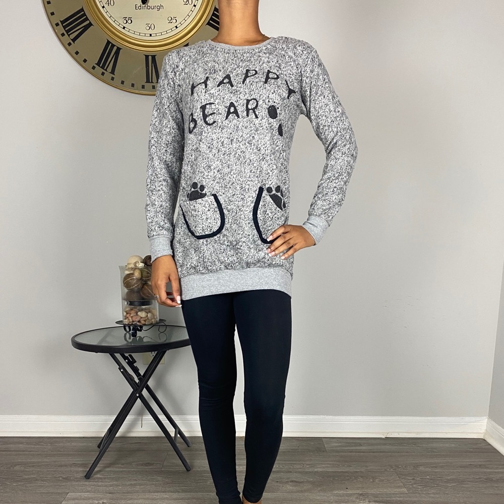 “happy bear” fuzzy grey crew neck sweater